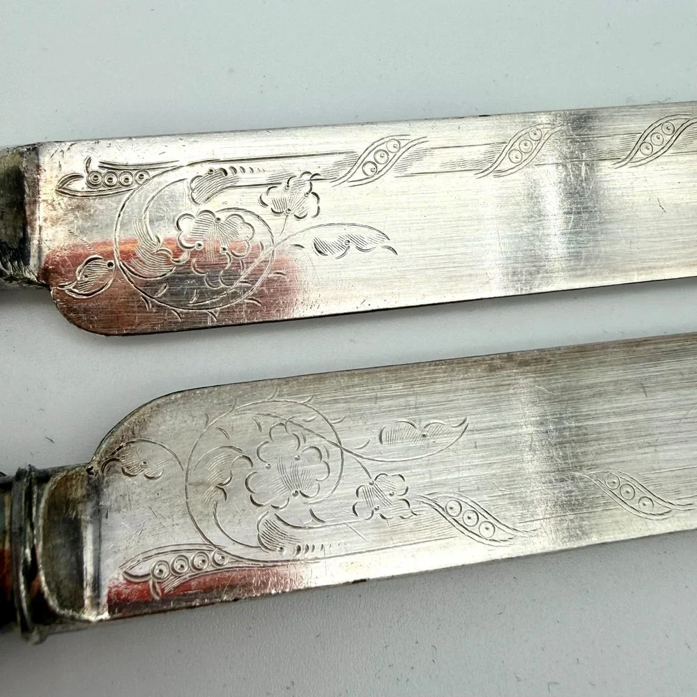Antique Victorian Mother of‎ Pearl Engraved Dessert Knives Set of 6 Silverplate